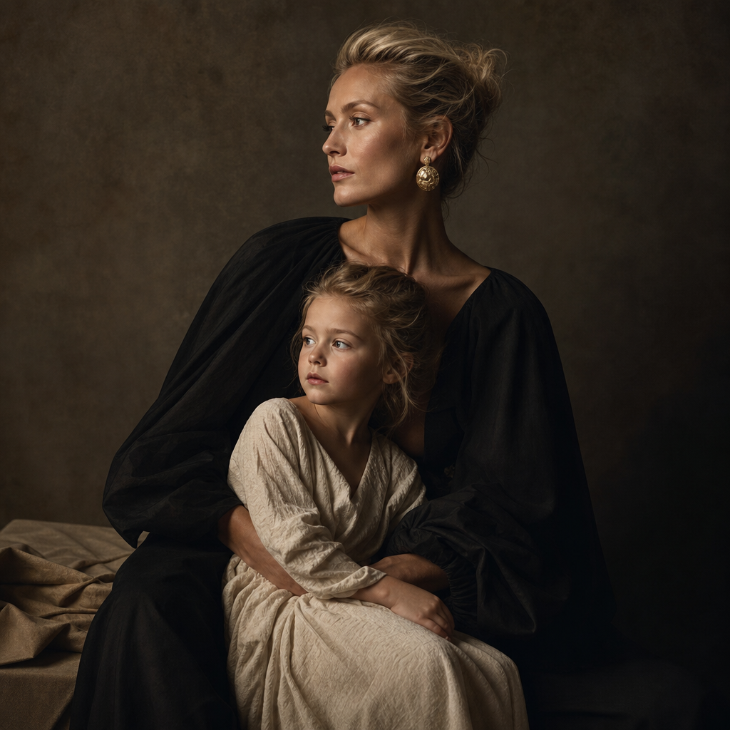 Elegant mother and child portrait in a softly lit gallery-style studio