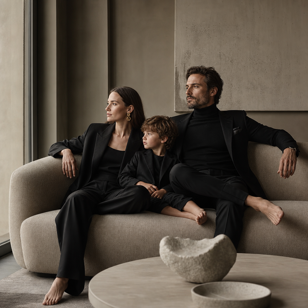 Refined family trio seated on a minimalist sofa with muted tones