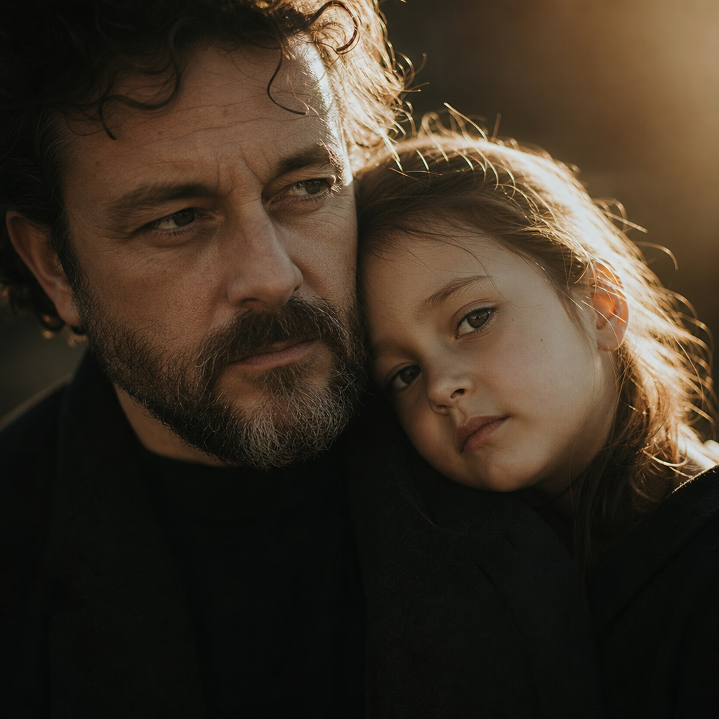 Close-up portrait of a father and daughter with warm, cinematic backlight