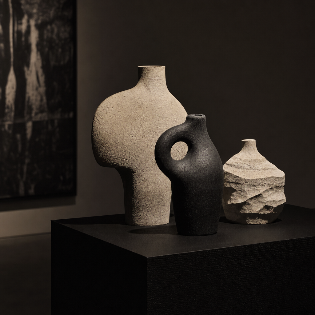 Still life of sculptural ceramic vessels on matte black pedestal with side light