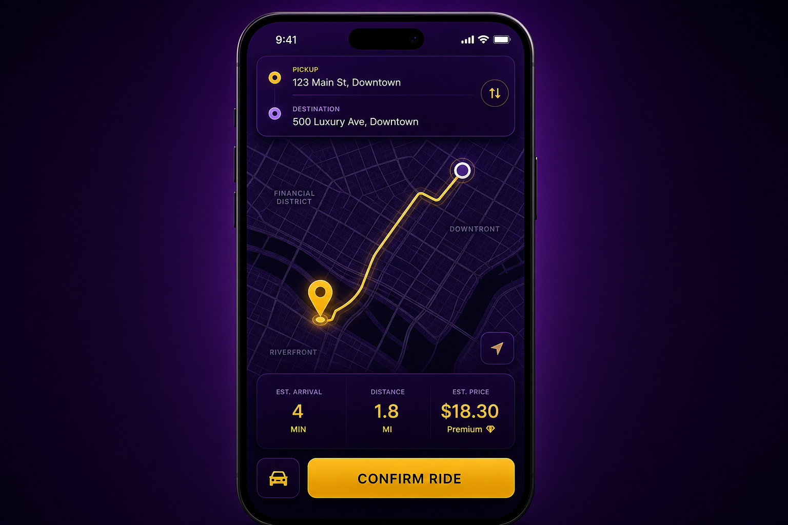 Minimal luxury app map preview showing a downtown grid with a highlighted route and pickup pin