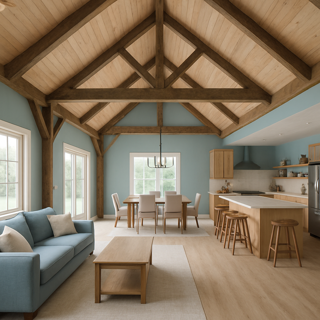 Spacious barndominium interior with vaulted ceilings and rustic wood accents, professional photography, airy and bright, natural lighting, subtle blue and wood color palette