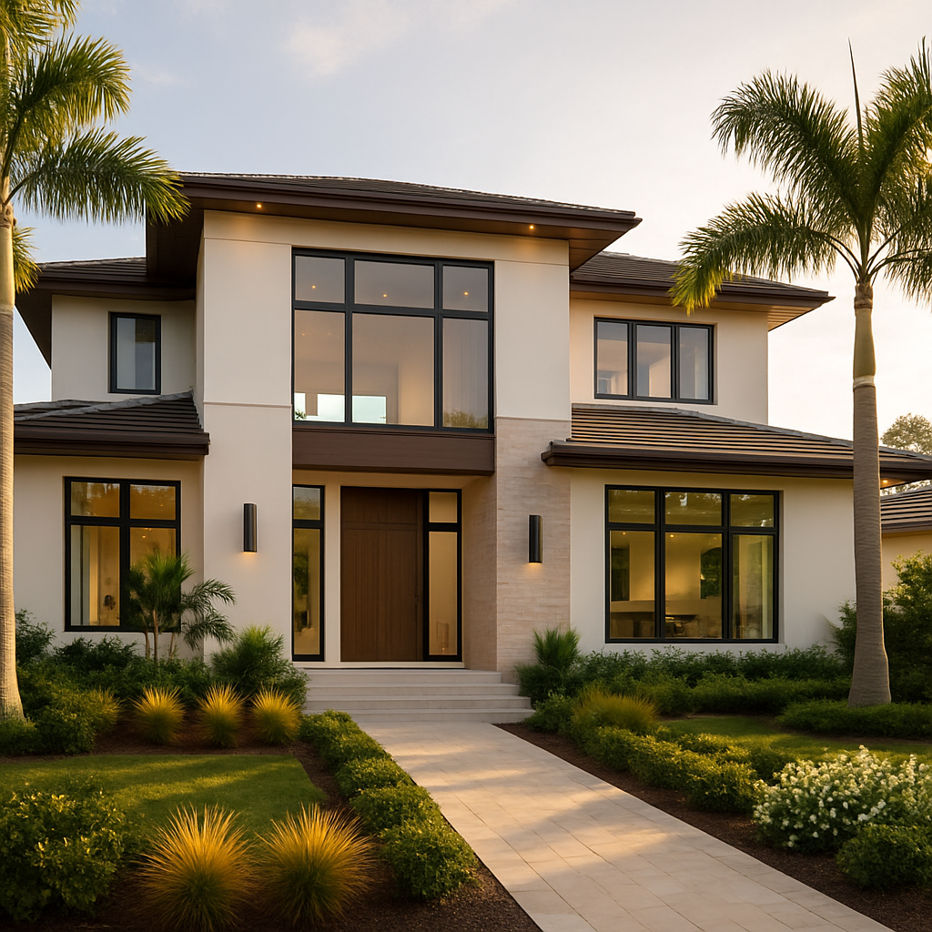 Modern custom home exterior in Florida with large windows and landscaping, professional photography, warm inviting mood, natural sunlight, earth tones and whites