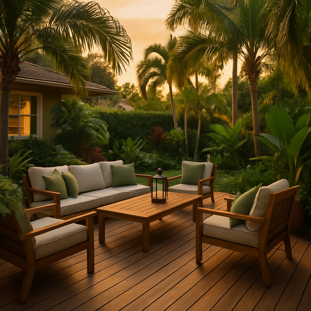 Beautiful Florida backyard deck with outdoor seating, lush greenery, evening golden hour, professional photography, warm wood and green tones