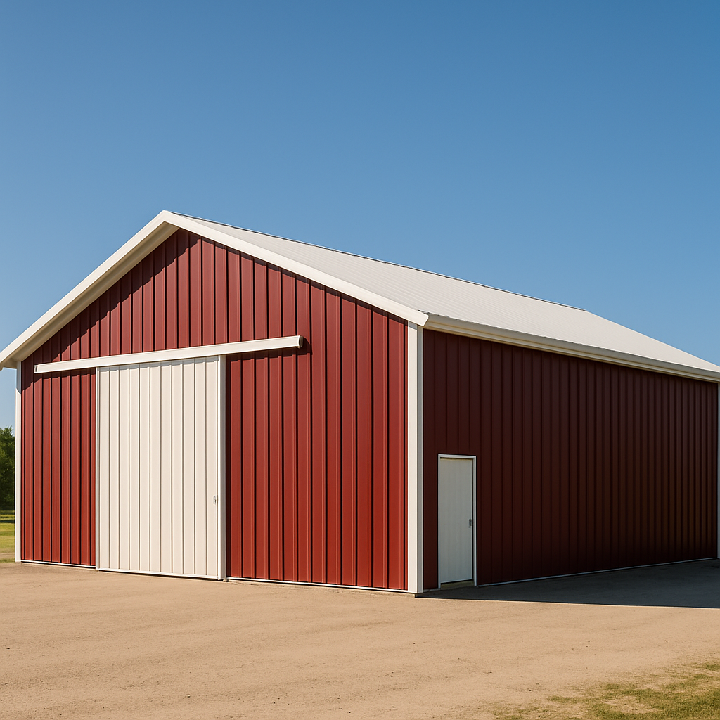 Large pole barn structure with red siding and white trim, open space, sunny day, professional photography, red and white color palette