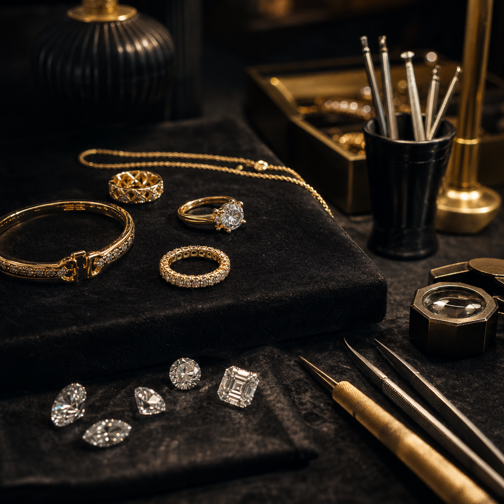Elegant jewelry supplier atelier with gold rings, gemstones, and artisan tools laid out on a dark velvet workbench