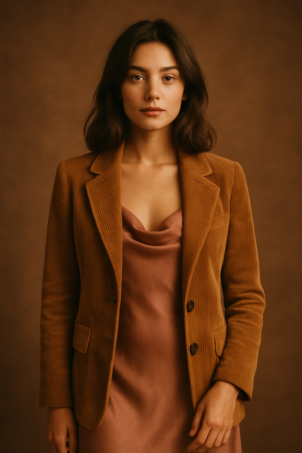 Vintage fashion model in a 1970s-inspired outfit under warm cinematic lighting