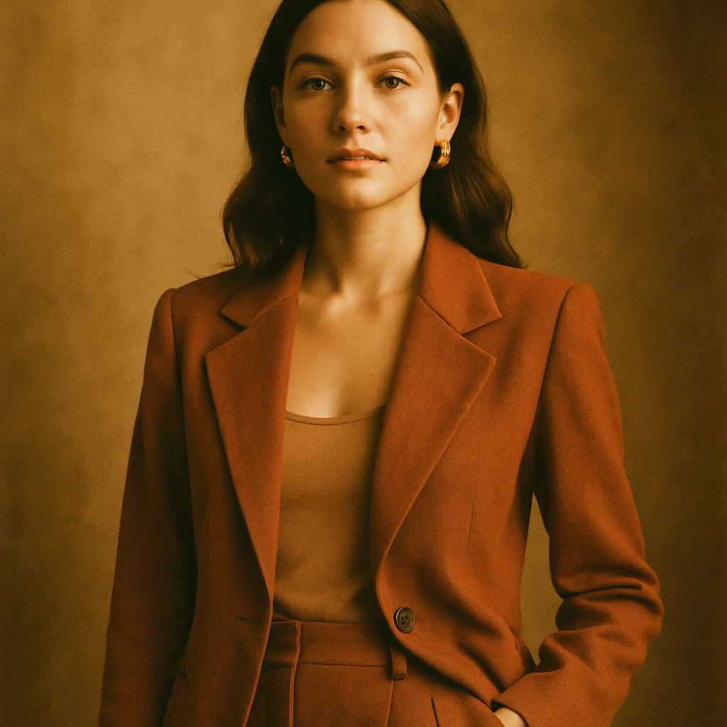 Warm editorial portrait of a model in a rust blazer and high-waisted trousers