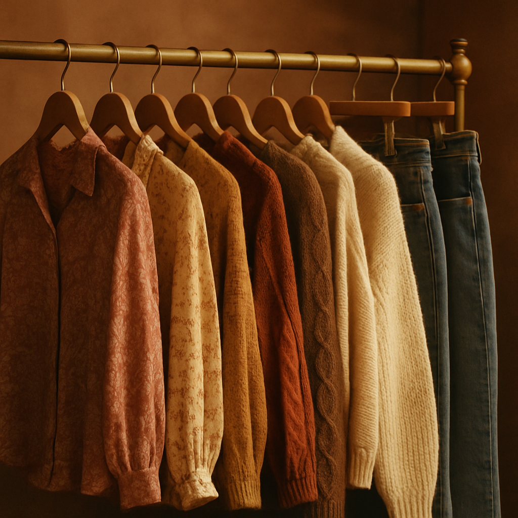 Curated vintage rack with patterned blouses and denim in warm boutique lighting