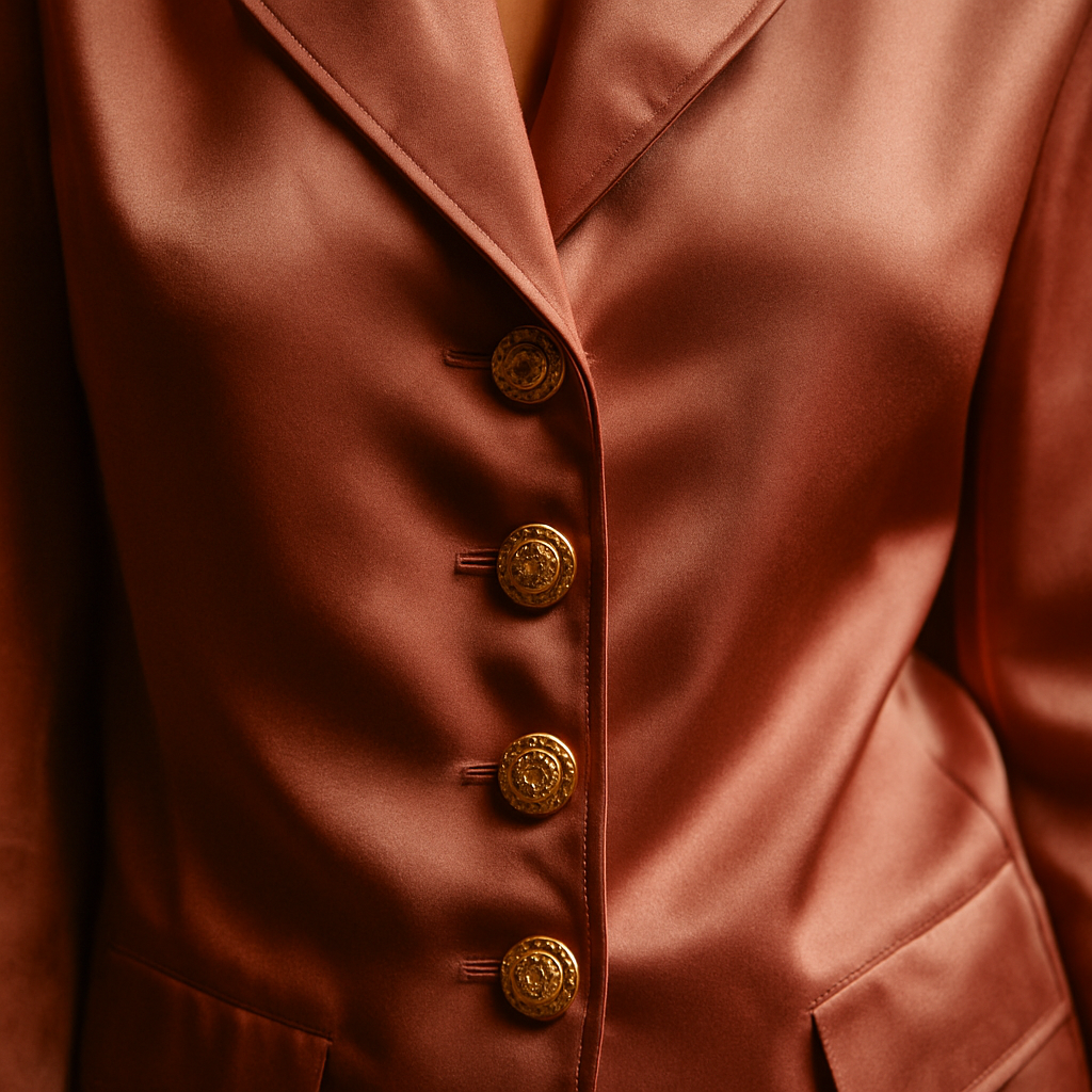 Close-up of a dusty rose satin jacket with gold buttons and soft grain texture