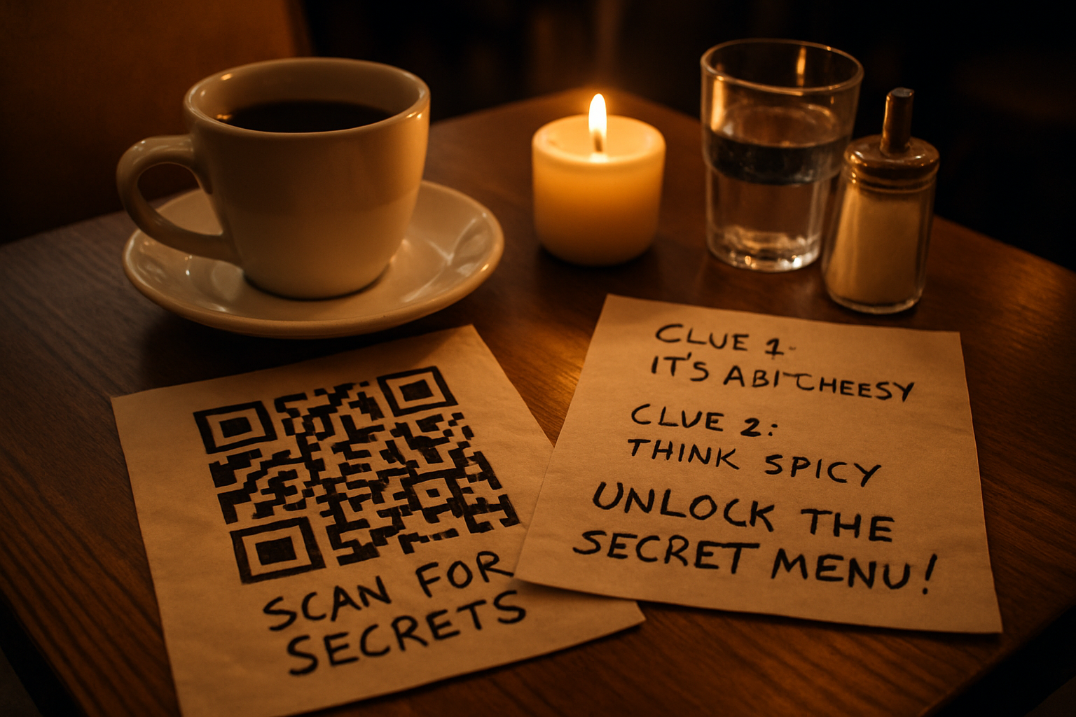 Cozy cafe table with a cryptic QR code and playful clues on napkins, inviting diners to unlock secret menu items