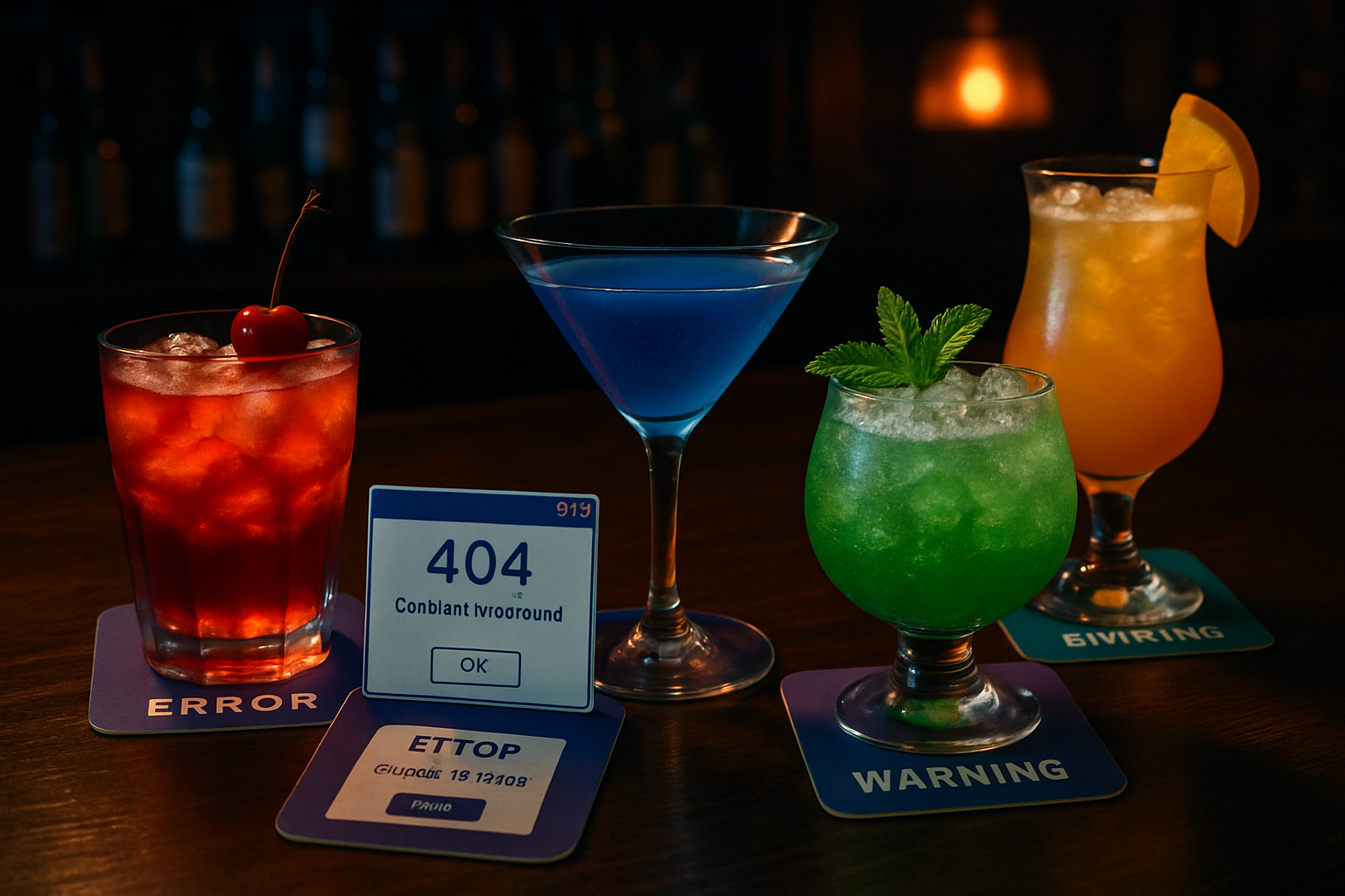 Moody bar scene with mysterious, vibrant cocktails labeled with witty error messages on coasters