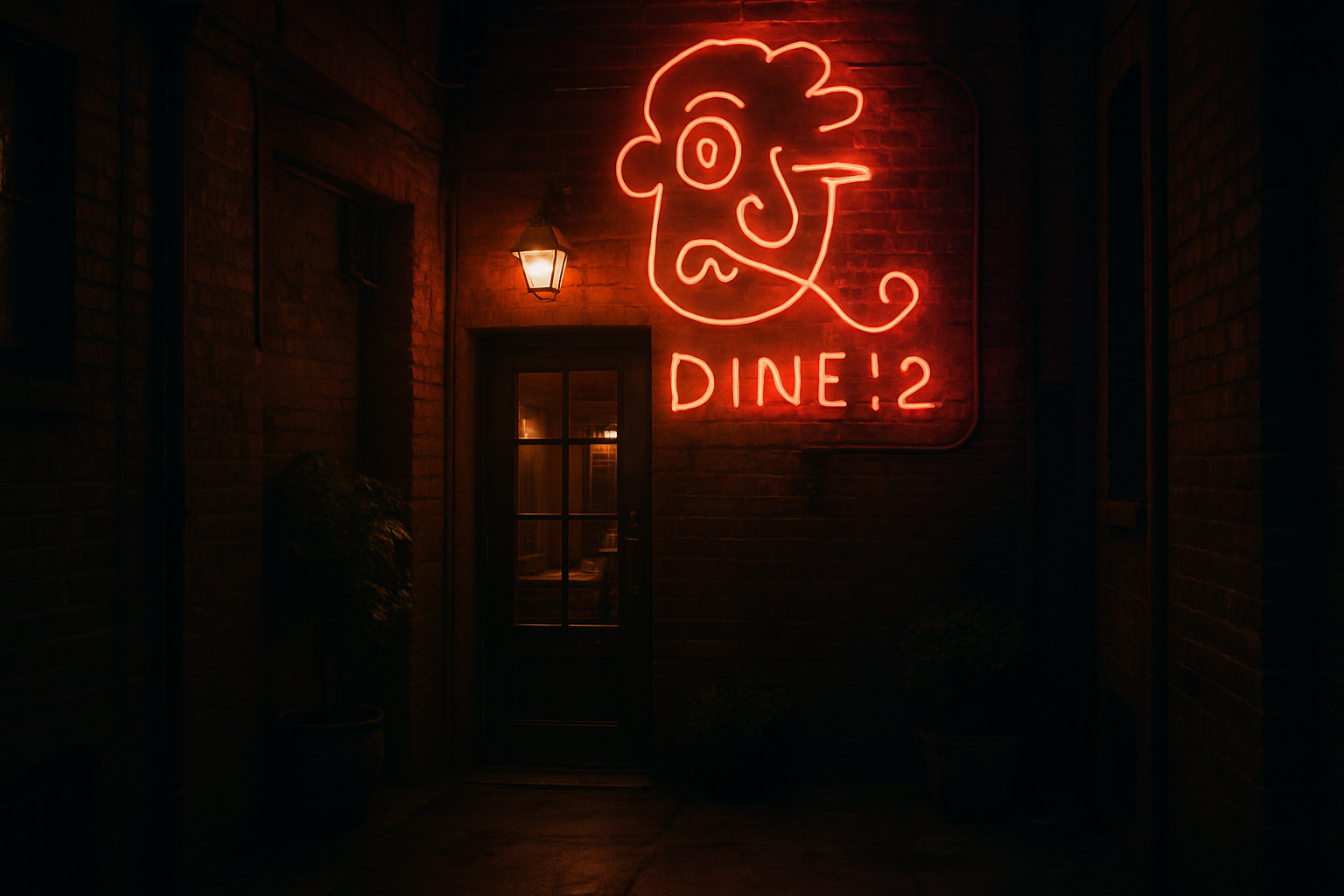 Dimly lit, mysterious restaurant entrance with neon sign partially visible, hidden in a quirky urban alley
