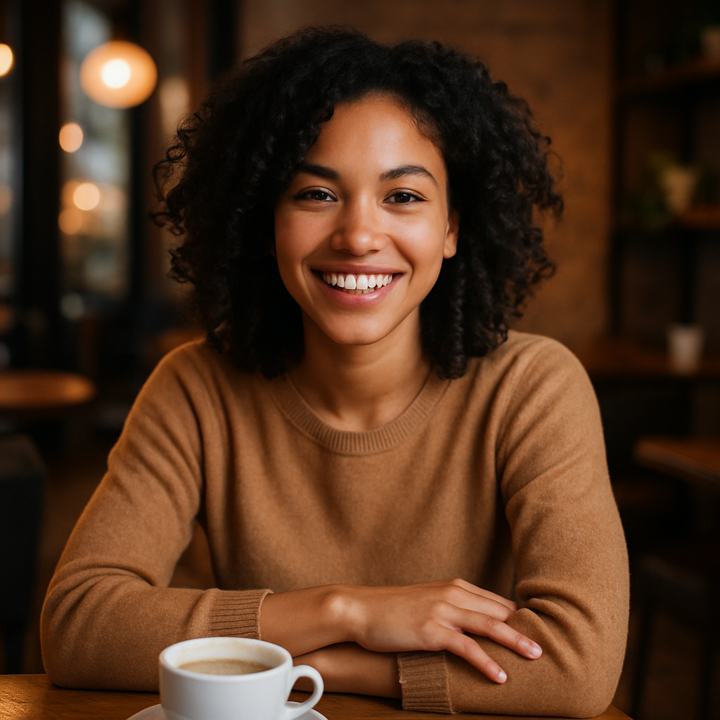 Smiling young woman with dark curly hair at a cozy cafe table