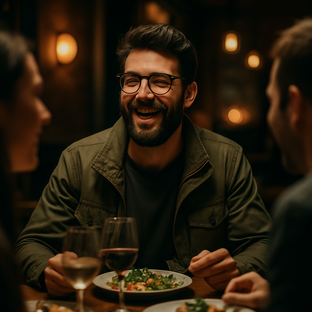 Bearded man in glasses laughing with friends over dinner in a moody restaurant