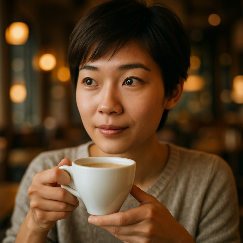 Young Asian woman with short hair enjoying coffee, soft warm lights in background