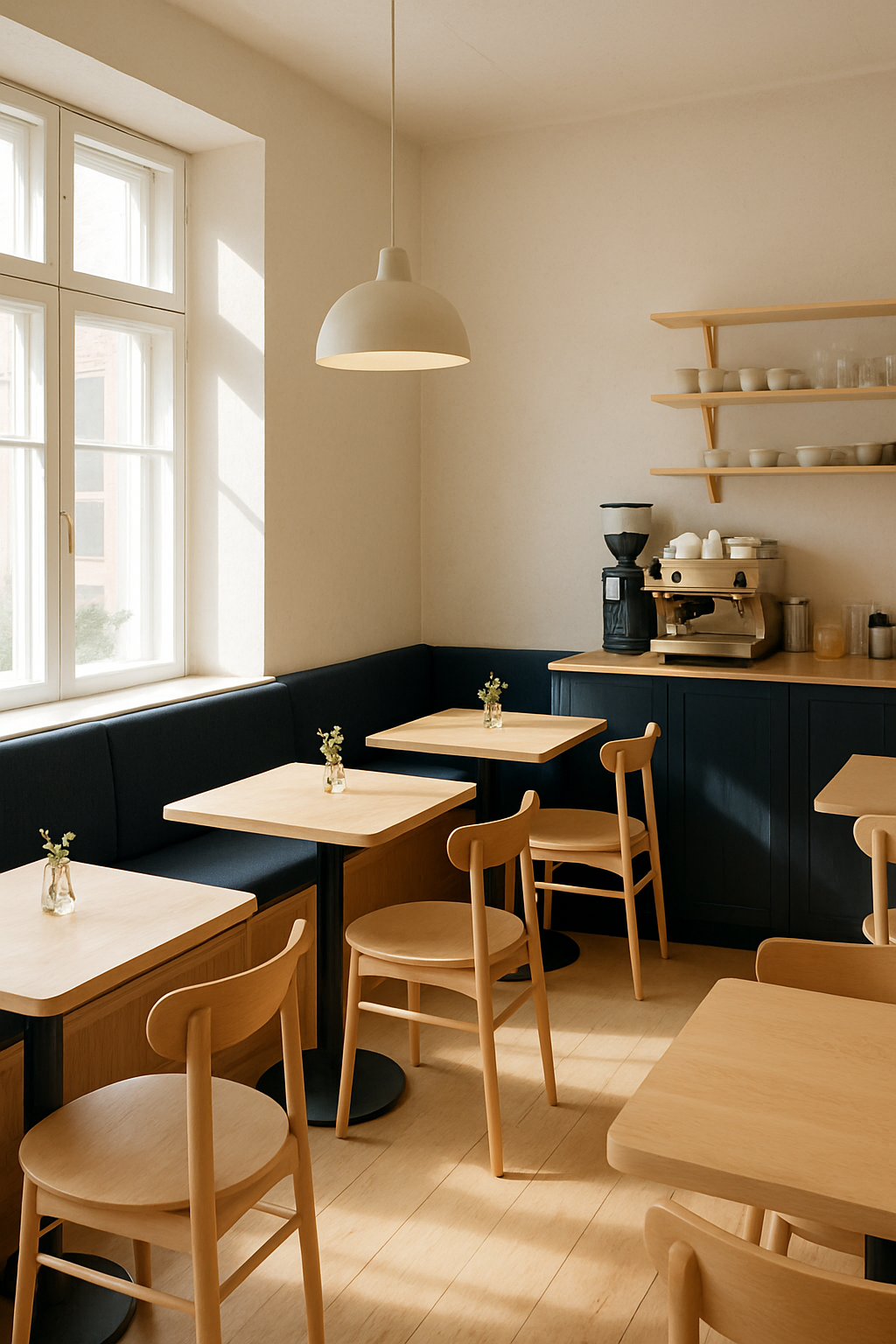 Cozy Scandinavian cafe corner with light wood tables, deep navy accents, and soft morning sunlight