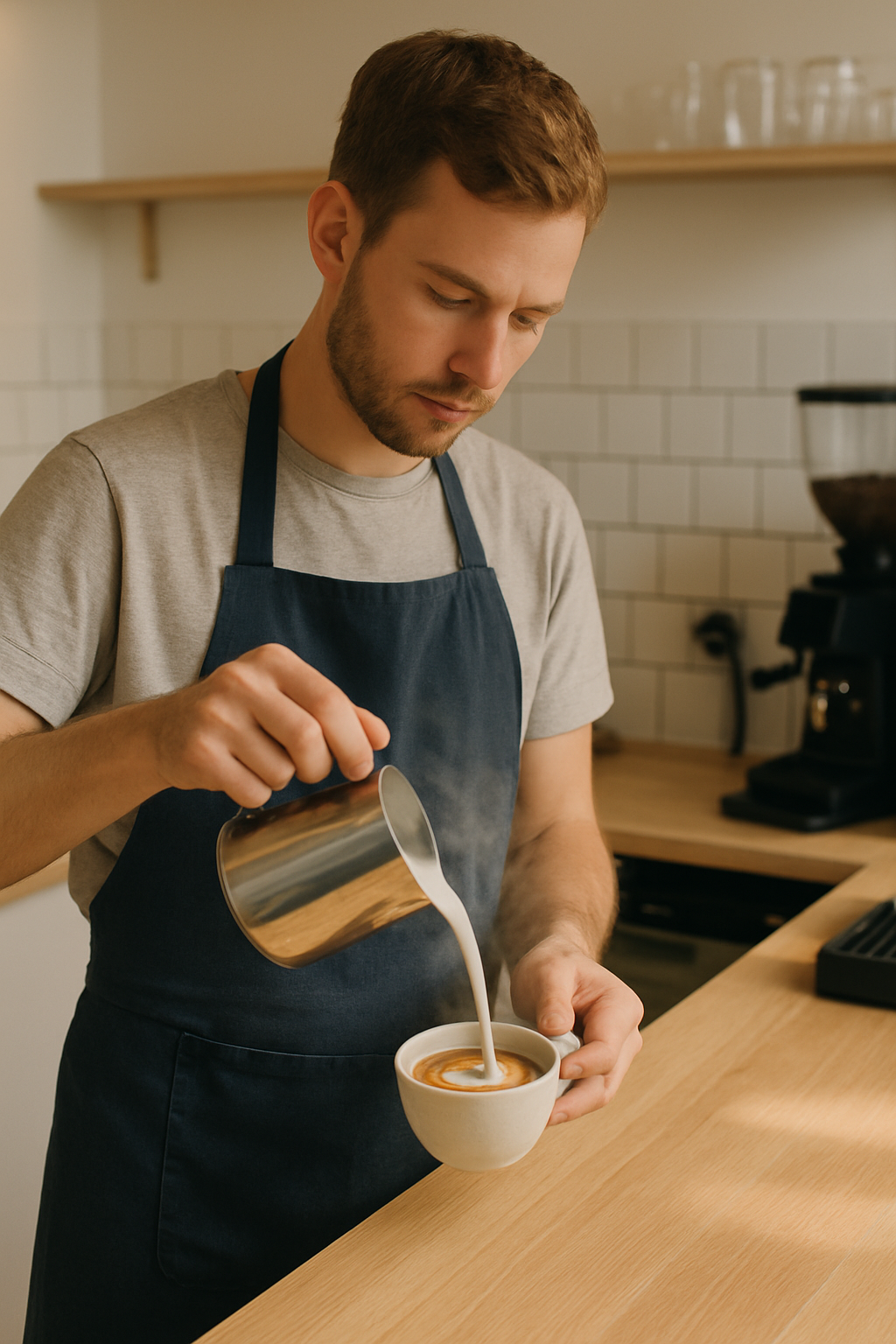 Barista pouring milk into espresso at a clean station with calm focused atmosphere