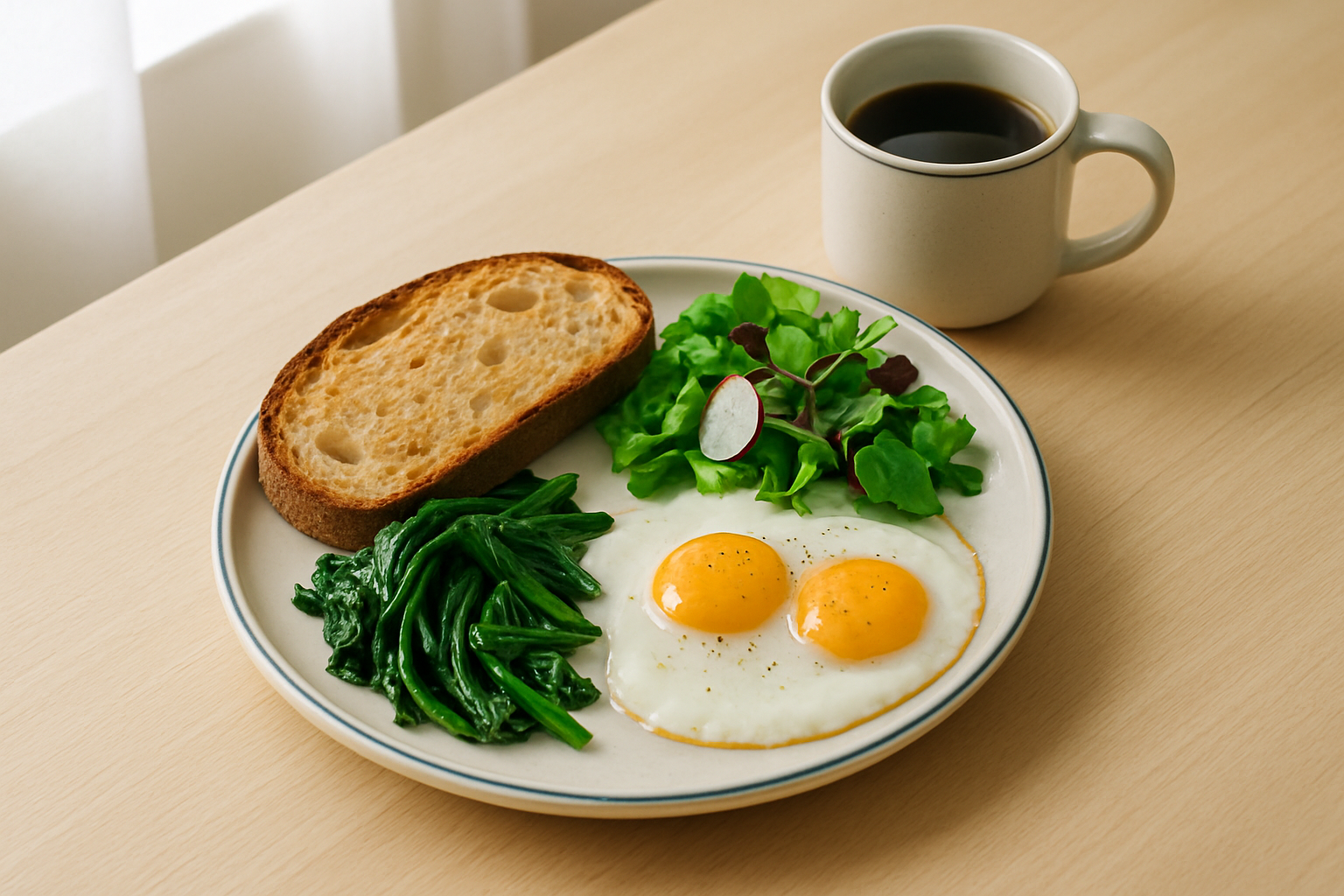 Minimal Scandinavian breakfast plate with eggs, greens, and toasted bread beside brewed coffee