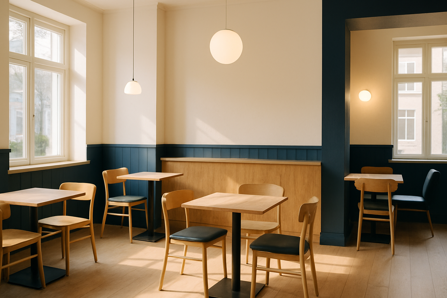 Cozy Scandinavian cafe interior with natural light, light wood finishes, and welcoming seating