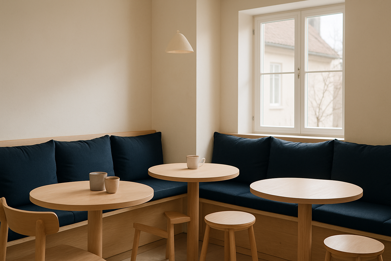 Sunlit corner seating with light wood tables, navy accents, and cozy cafe interior details