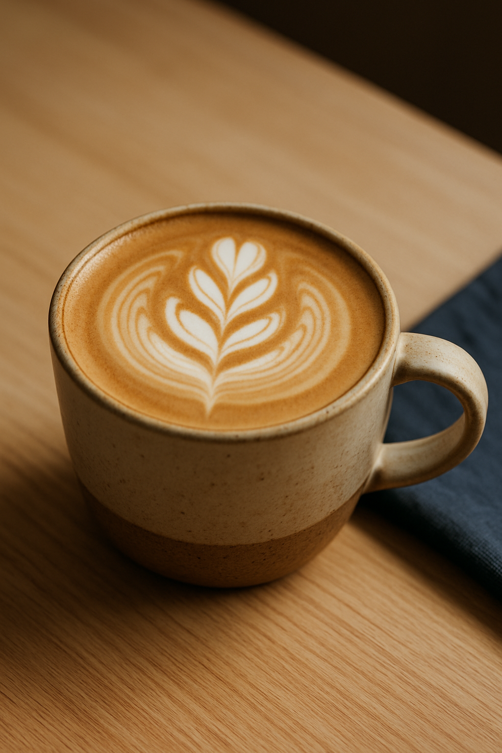 Close-up of a ceramic latte with rosetta art on a light wood table in soft natural light