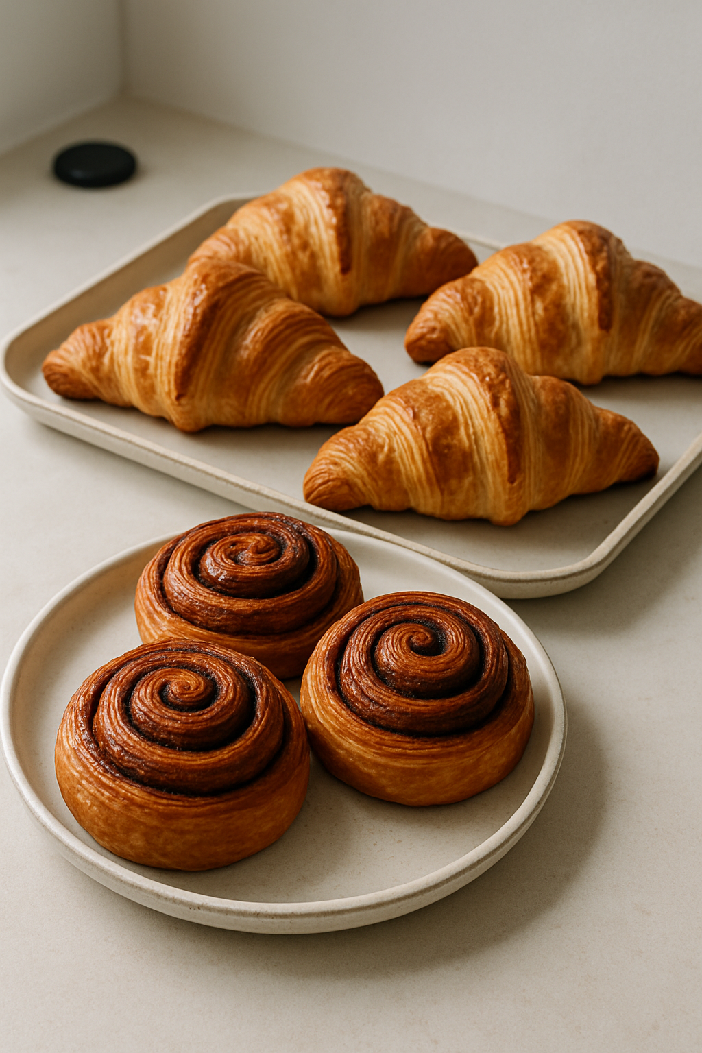 Fresh croissants and cinnamon buns arranged on simple trays at the pastry counter