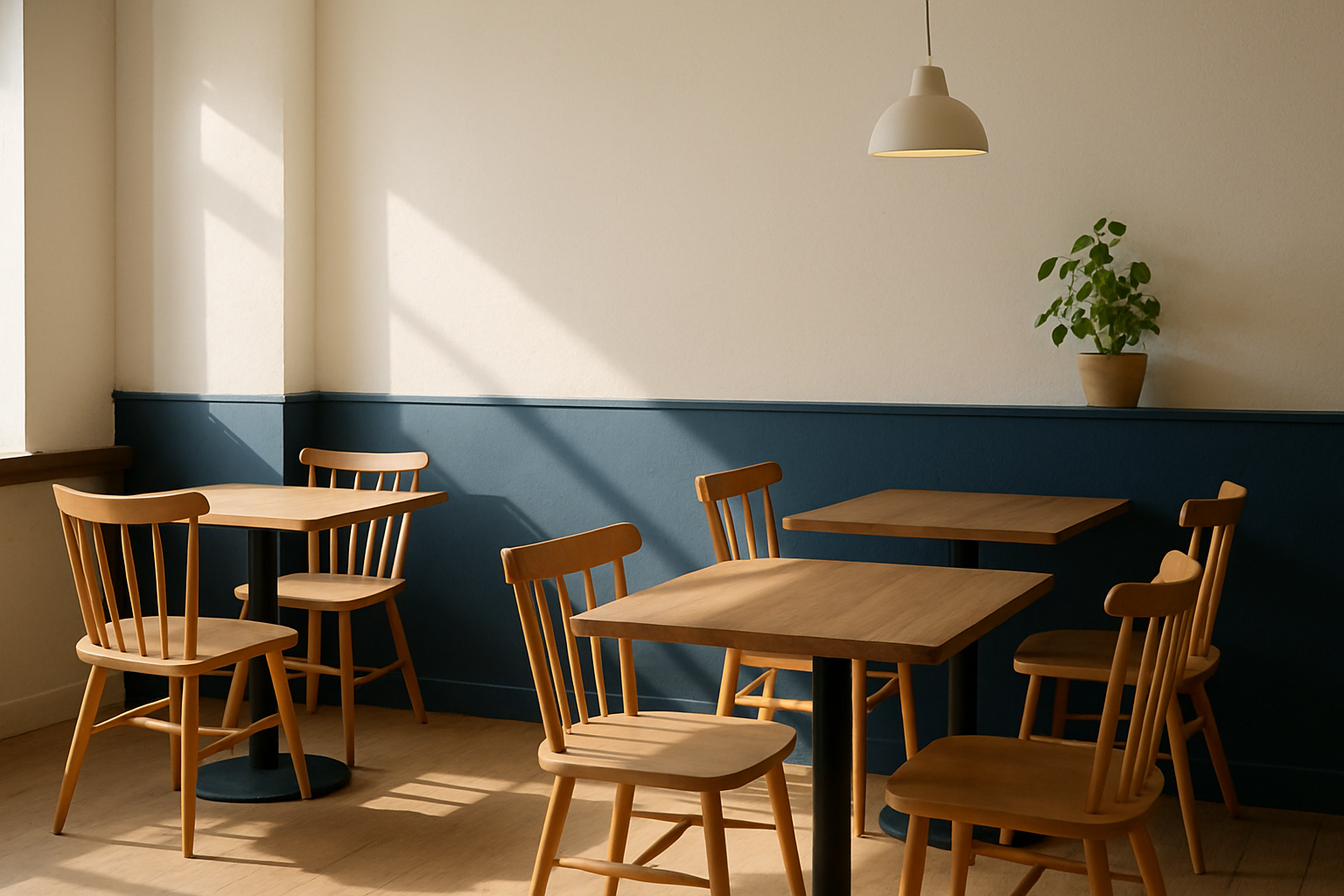 Morning window light across empty cafe tables and chairs creating a peaceful welcoming mood