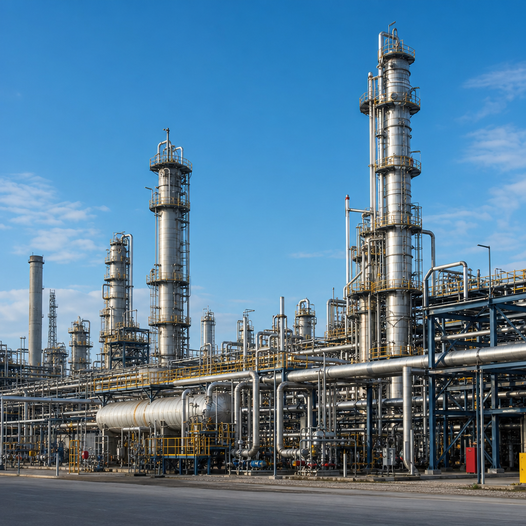 Modern oil refinery complex with steel towers and piping under a clear sky