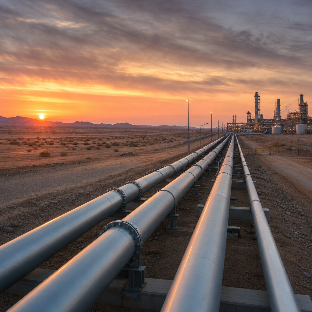 Wide industrial pipeline corridor crossing a desert landscape at dusk