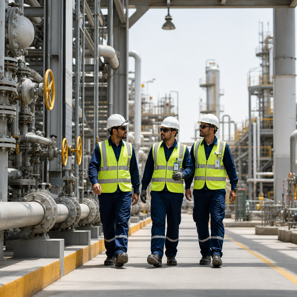 Industrial maintenance team walking through a clean refinery corridor with safety gear