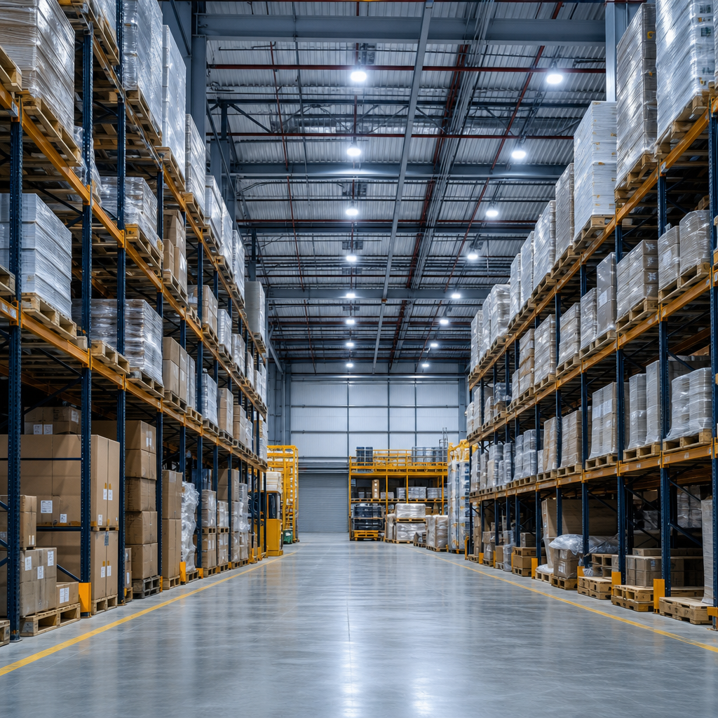 Modern industrial warehouse interior with organized pallets and overhead lighting