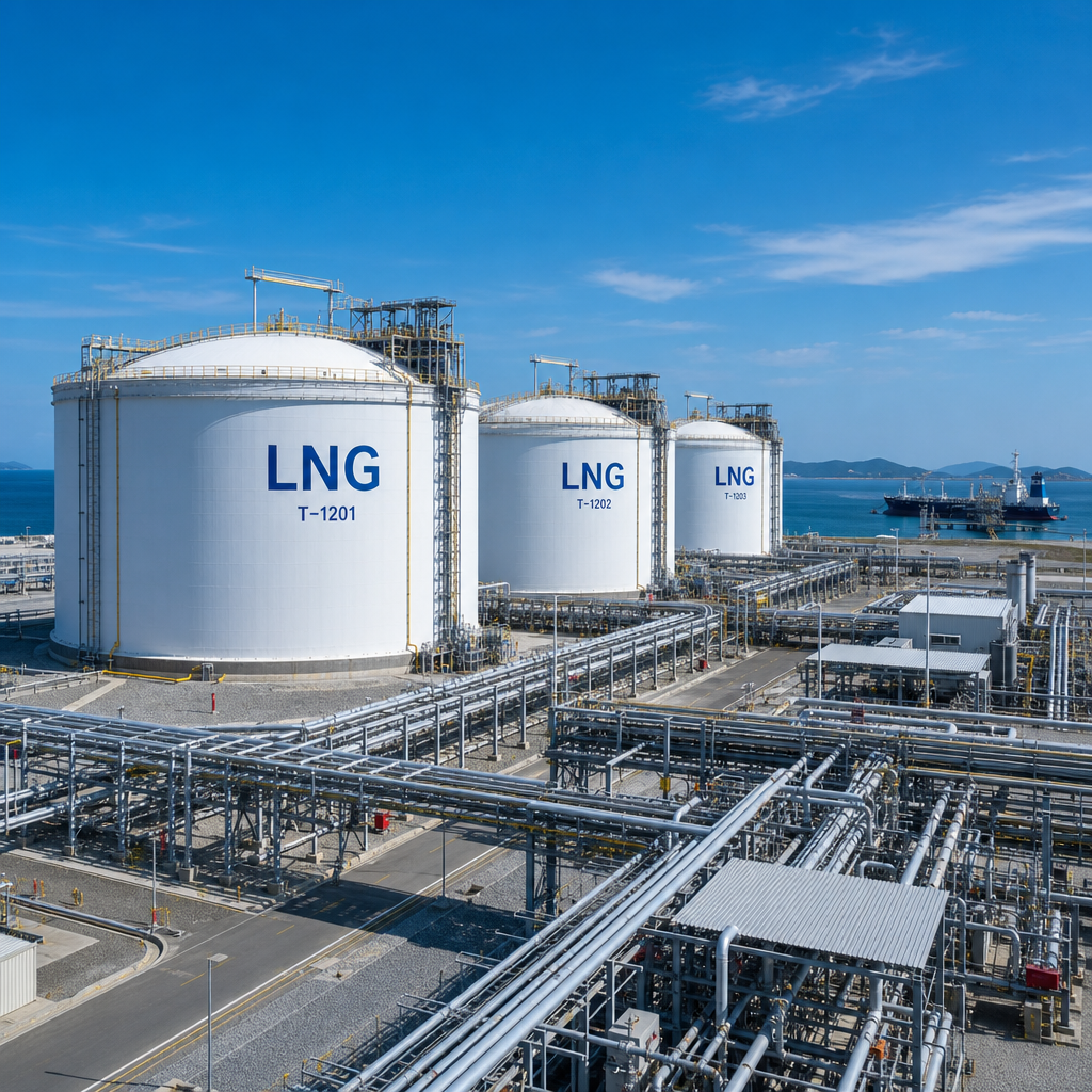 Coastal LNG facility with storage tanks and piping under bright daylight