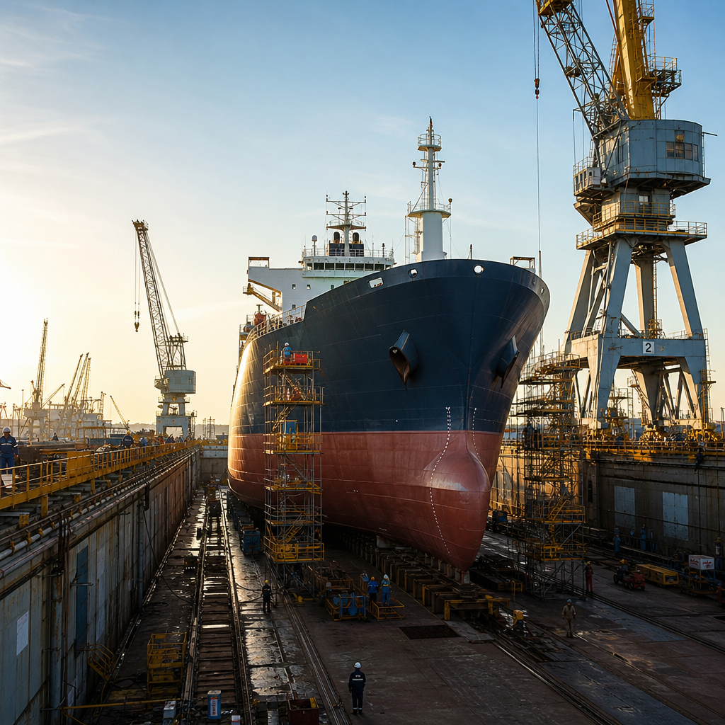 Shipyard dry dock with large vessel hull and service platforms