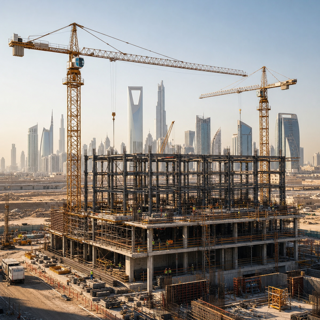 High-rise construction site with cranes and partially completed steel framework