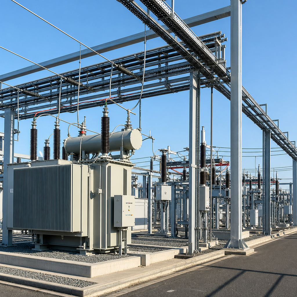 Industrial power distribution yard with transformer banks and cable trays
