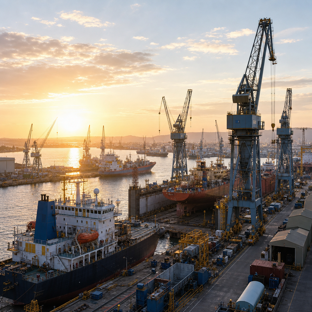 Large coastal shipyard with cranes and docked vessels at sunrise