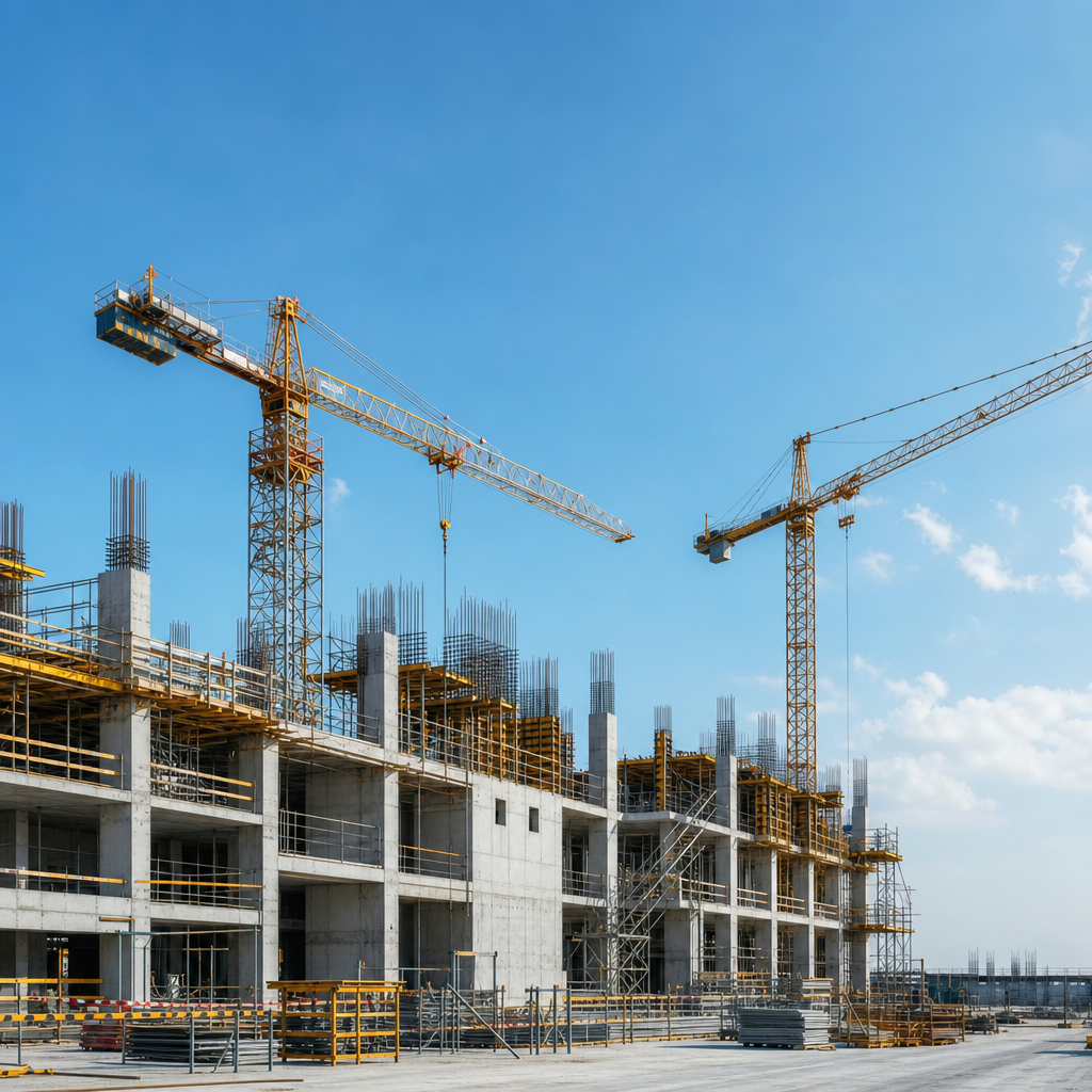 Industrial construction site with concrete structures and tower cranes