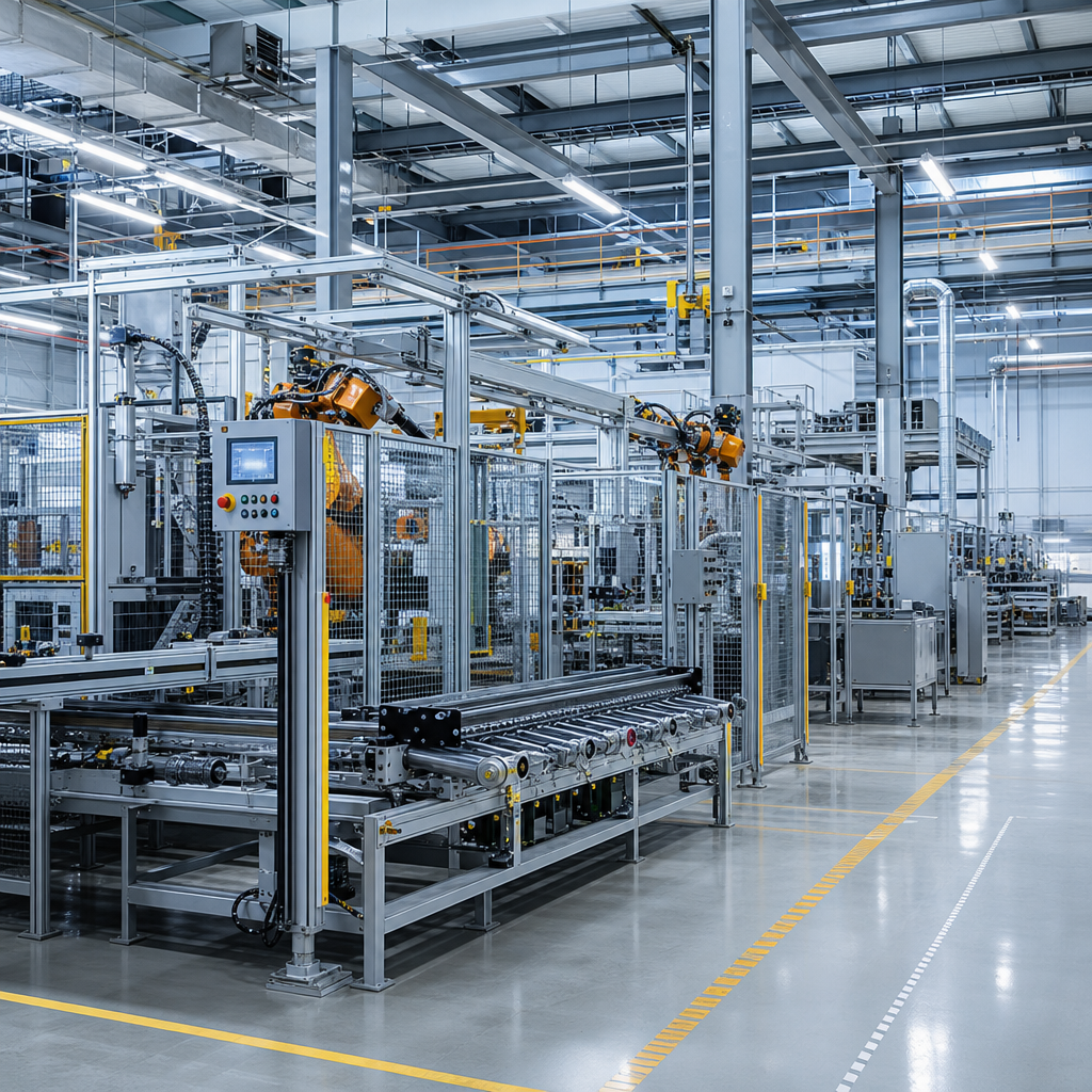 Modern manufacturing plant interior with automated machinery lines