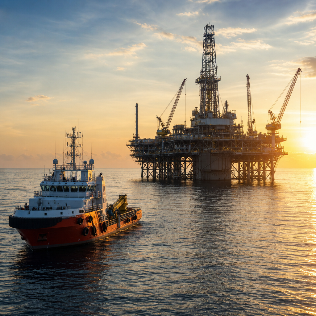 Offshore platform silhouette with service vessel in the foreground
