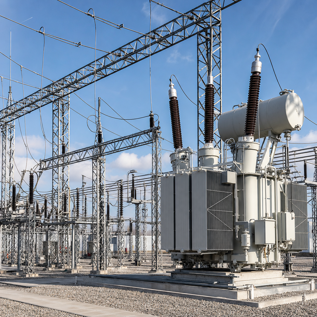 High-voltage power substation with transformers and metal frameworks