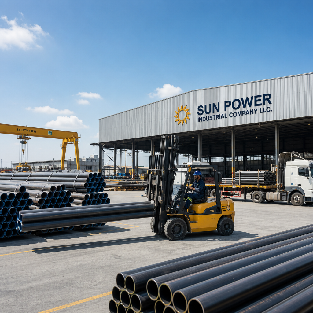 Industrial logistics yard with stacked steel pipes and forklifts