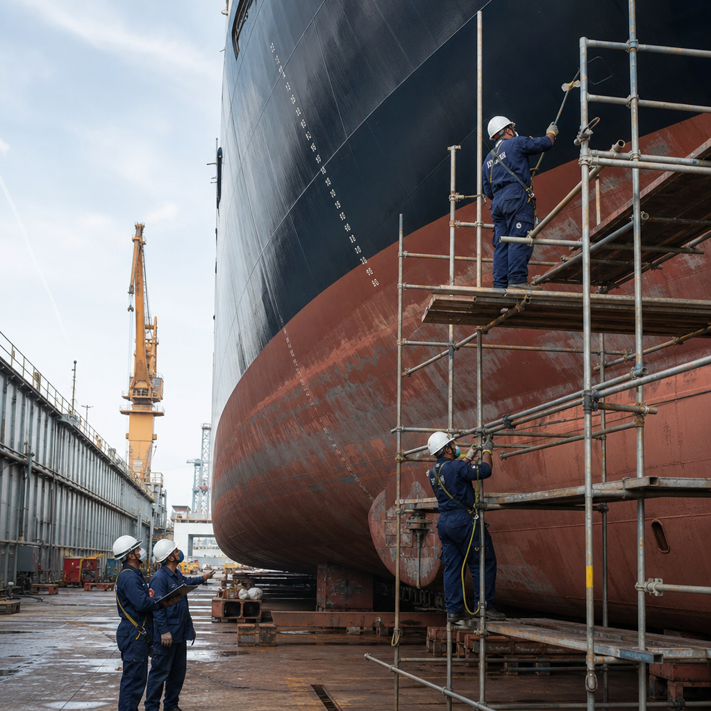 Marine maintenance crew inspecting a ship hull in dry dock