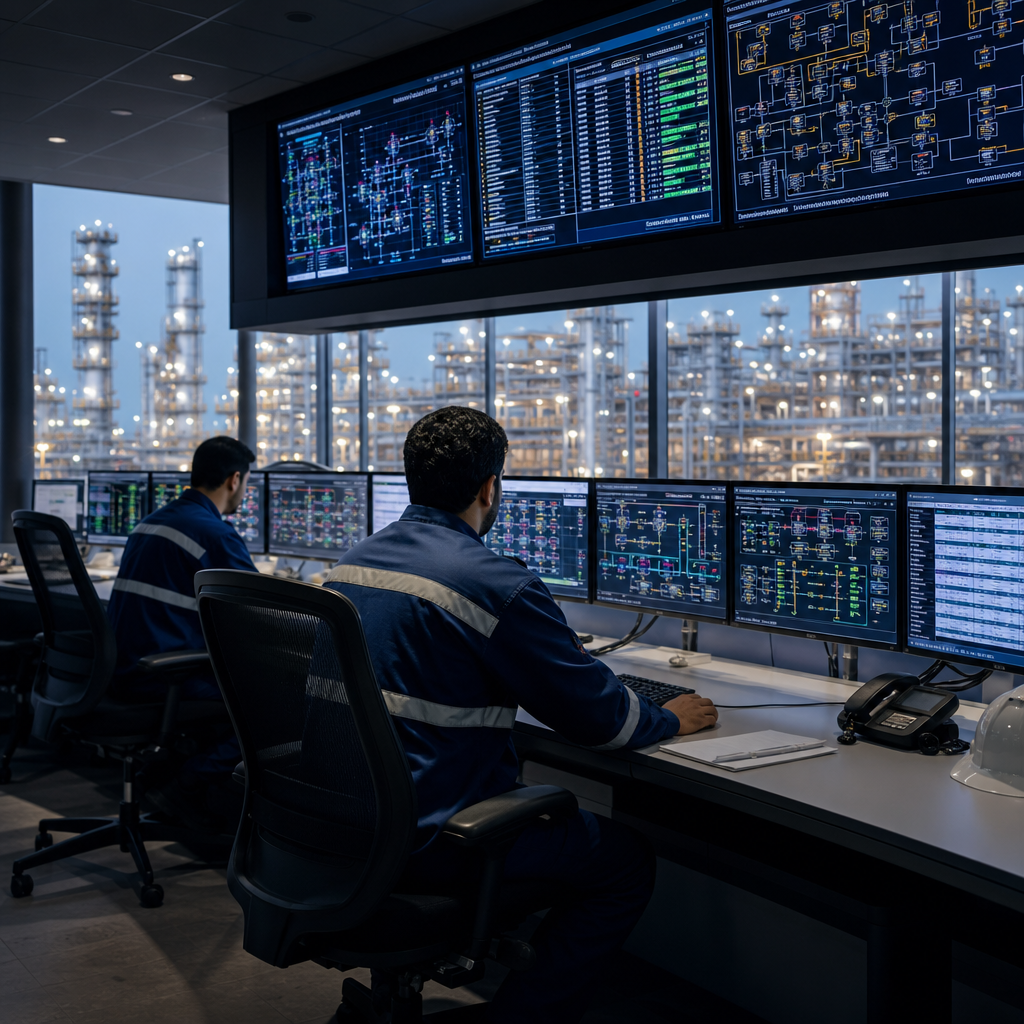 Industrial facility control room with operators monitoring screens