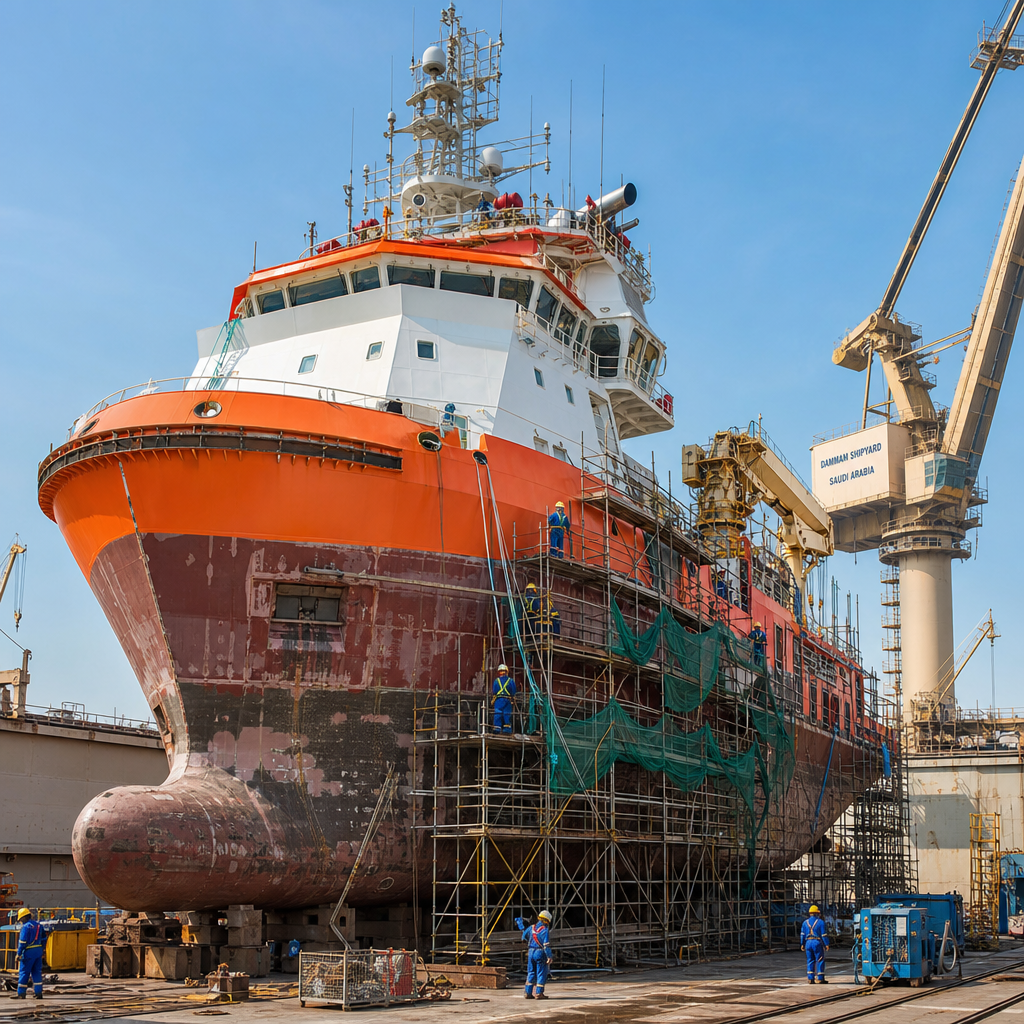 Large offshore supply vessel undergoing hull maintenance with scaffolding and safety nets at a Saudi shipyard