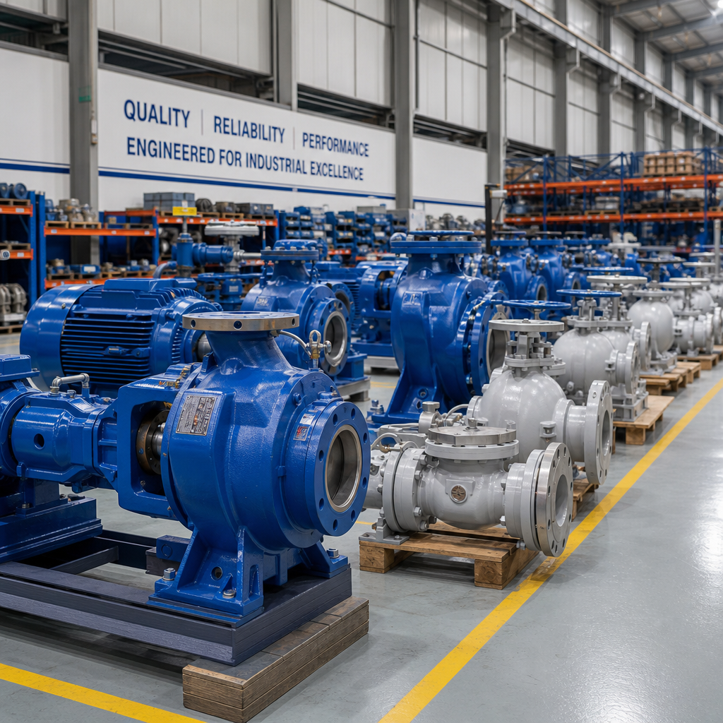 Heavy-duty industrial pumps and valves staged on a clean warehouse floor with safety markings