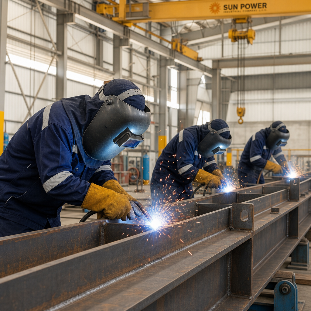 Welding team in protective gear performing structural steel fabrication inside a bright workshop