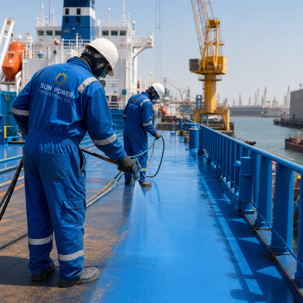 Marine coating application on a ship deck with technicians spraying protective blue coating