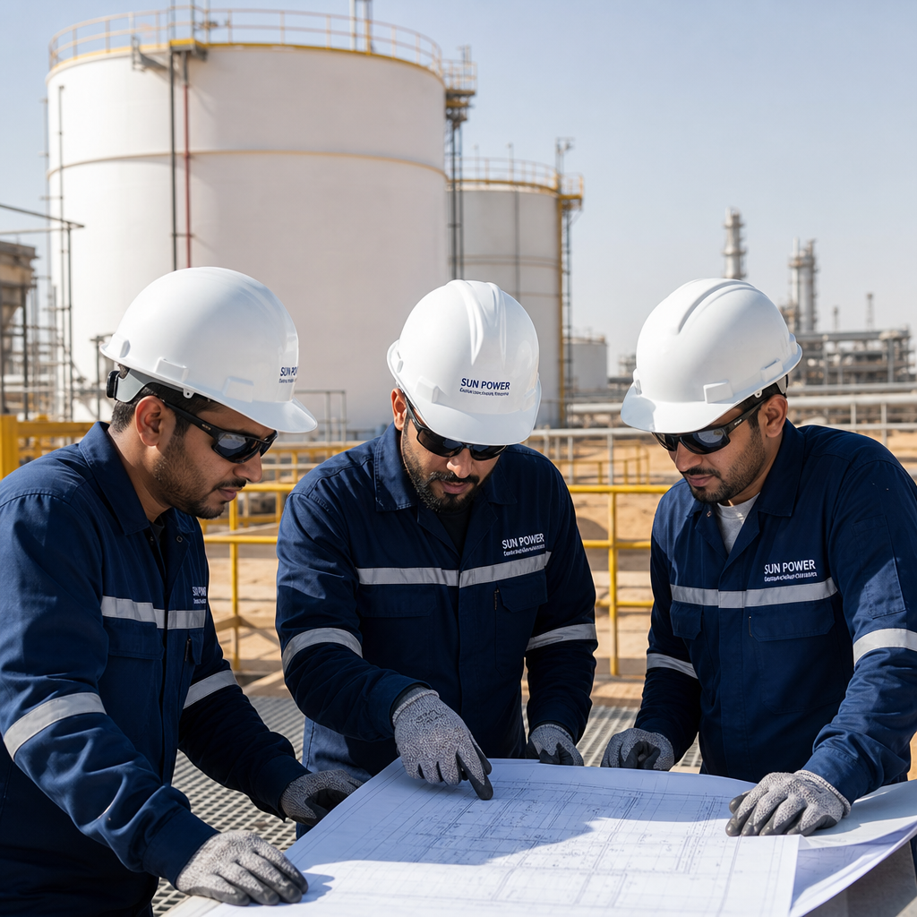 Industrial site inspection with engineers reviewing blueprints beside large storage tanks