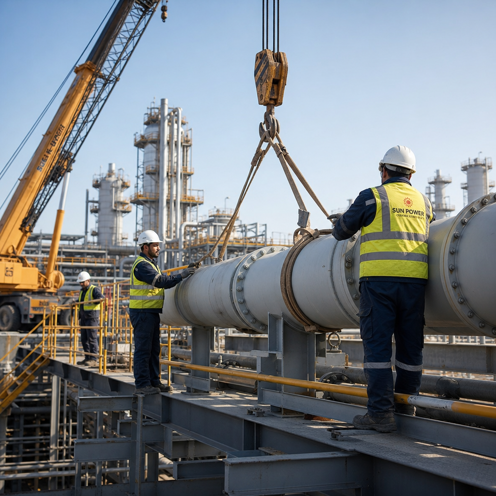 Construction crew installing industrial piping on a raised platform with crane support